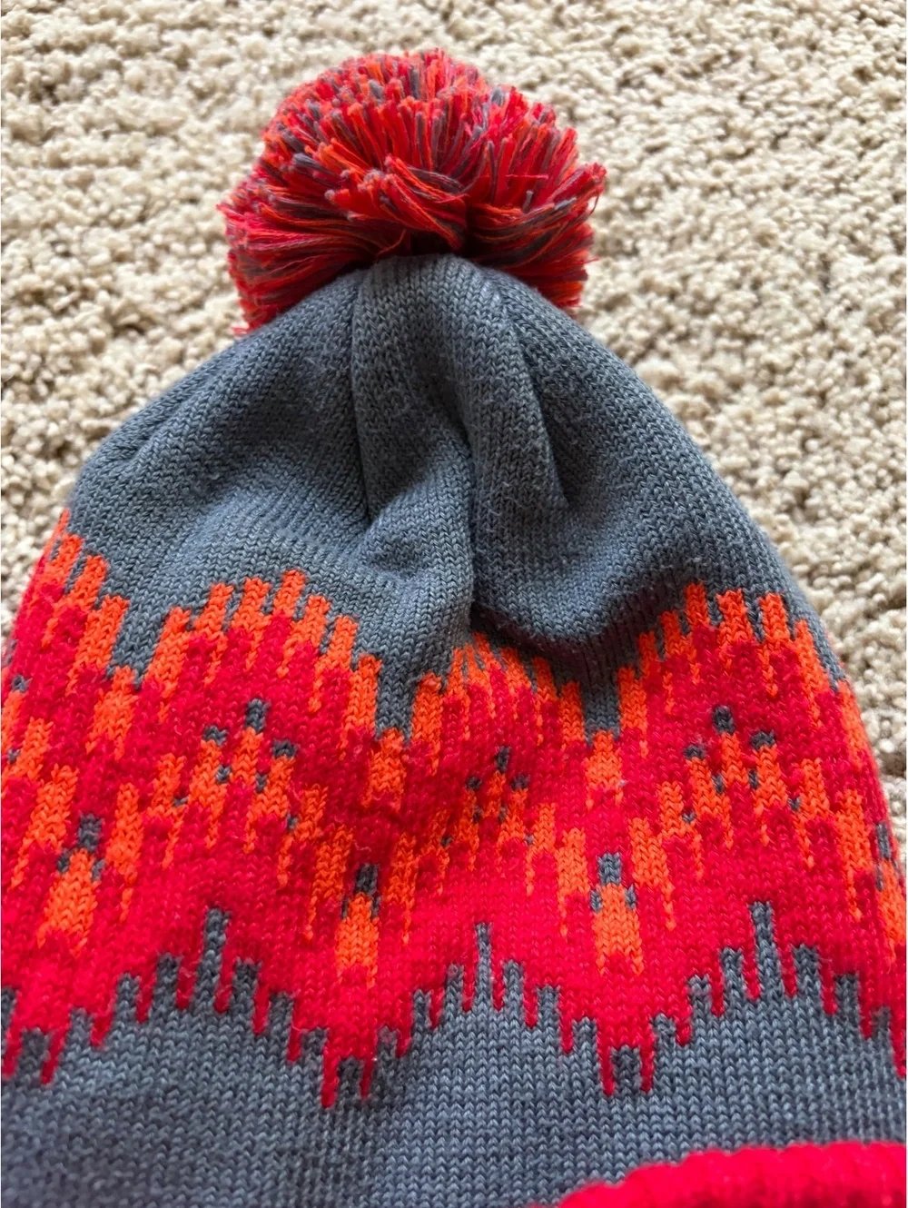 Patagonia Powder Town Beanie red grey orange ribbed cuff pom pom